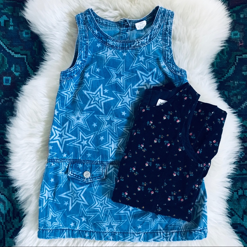 (2) GAP Jumper Dress Stars Corduroy Floral Blue